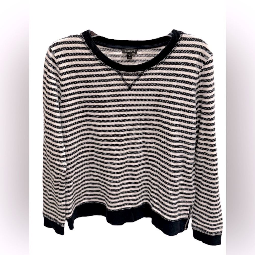 Talbots Black Blue and White Striped Sweater Cable Knit Size Medium